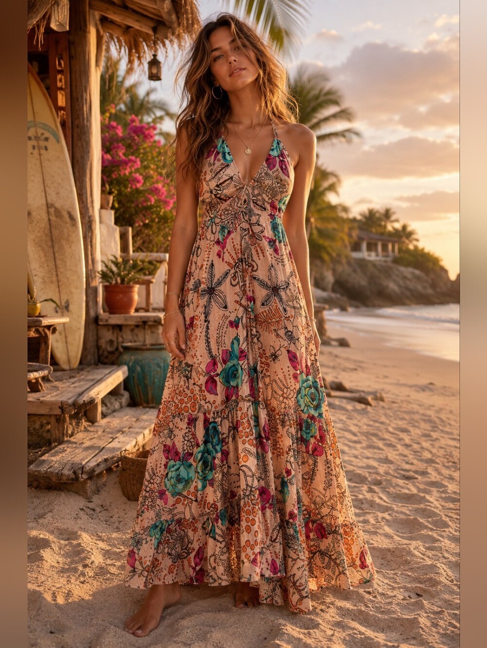 Raga Anthropologie Sapana Floral Halter Tiered Maxi Dress 2x plus